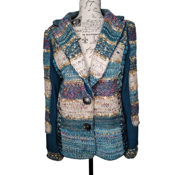 Lulu H Medium Wool Blend Blazer Jacket Teal Blue Patchwork Boho Lagenlook Ruched - Picture 1 of 8